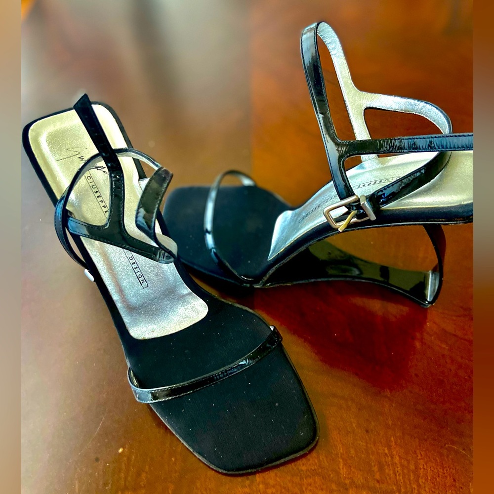 Giuseppe Zanotti Design Vicini New Black Heels Wedge Leather Stripe Sandals Sz 8